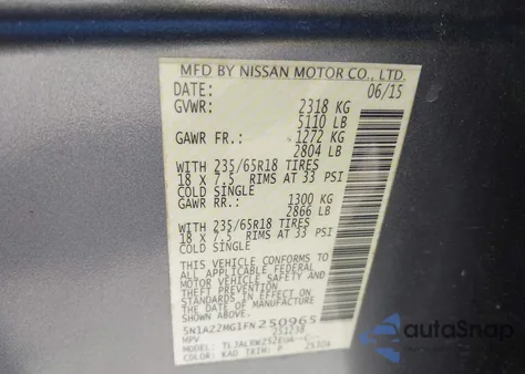 2015 Nissan Murano Sl из США, поврежденный, VIN 5N1AZ2MG1FN250965